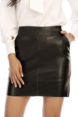 Fahsyee Jupe en cuir synthétique pour femme, taille haute, extensible, fermeture éclair, mini trapèze crayon court, grande taille S-XXL