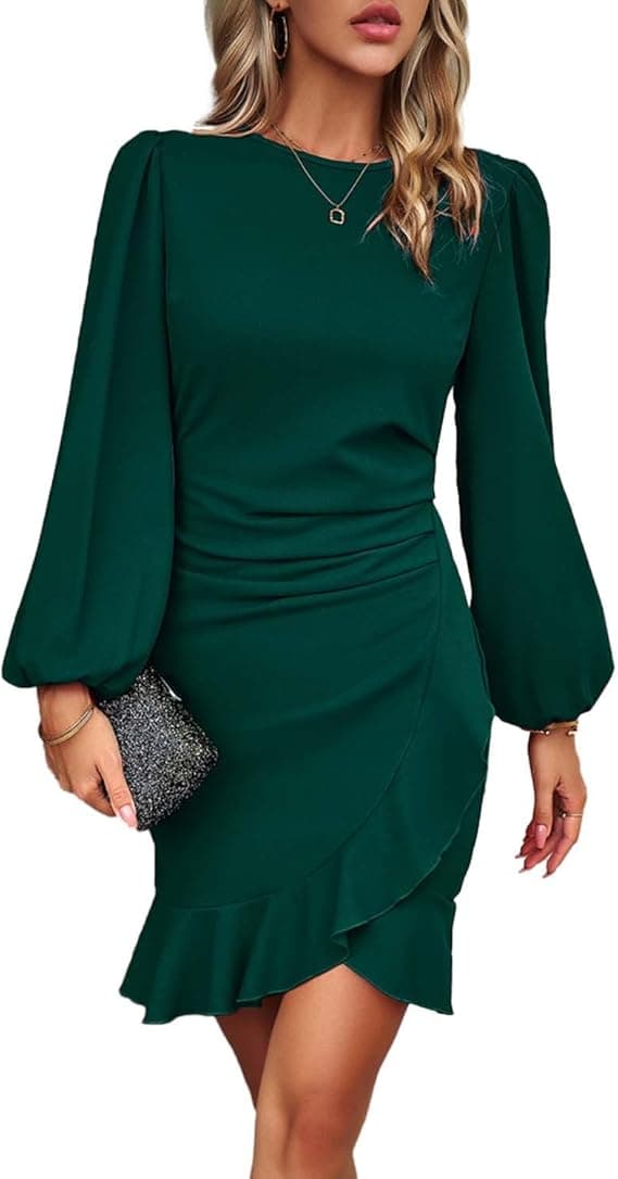 HUXRAKV Femme Elégante Robe d'affaires Manches Longues Bodycon Vintage Ruffle Manches Robe Midi de Soirée Formelle