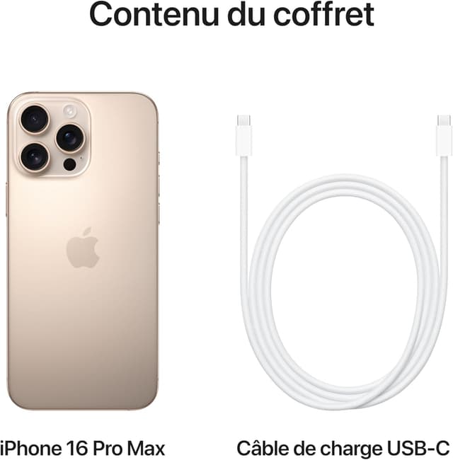 iPhone 16 Pro Max - Version Américaine - 256 Go - 8Go RAM - 6,9" - Apple A18 Pro - e-SIM - 48MP+12MP +48MP /12MP - 5200mAh - Garantie 12 mois