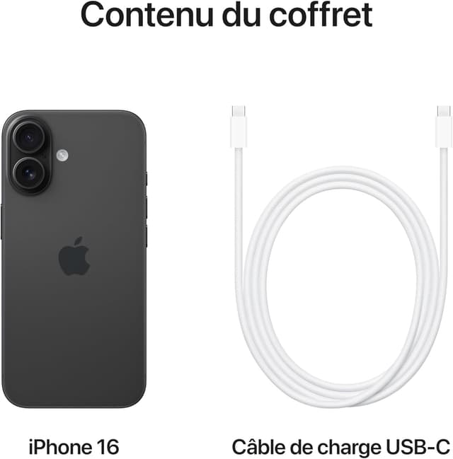 iPhone 16 - 128 Go - 8Go RAM - 6,1" - Apple A18 - 1 Nano SIM physique et 1 e-SIM - 48MP+12MP /12MP - 3561mAh - Garantie 12 mois