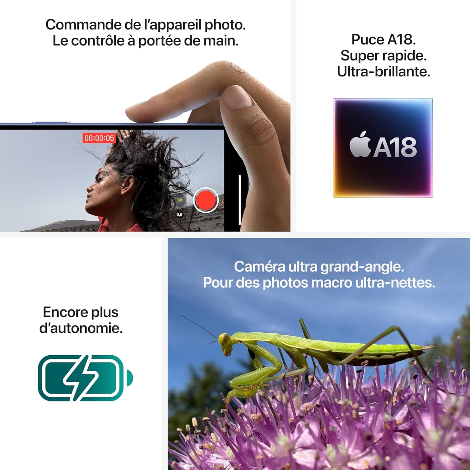 iPhone 16 - 128 Go - 8Go RAM - 6,1" - Apple A18 - 1 Nano SIM physique et 1 e-SIM - 48MP+12MP /12MP - 3561mAh - Garantie 12 mois