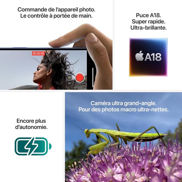 iPhone 16 - 128 Go - 8Go RAM - 6,1" - Apple A18 - 1 Nano SIM physique et 1 e-SIM - 48MP+12MP /12MP - 3561mAh - Garantie 12 mois