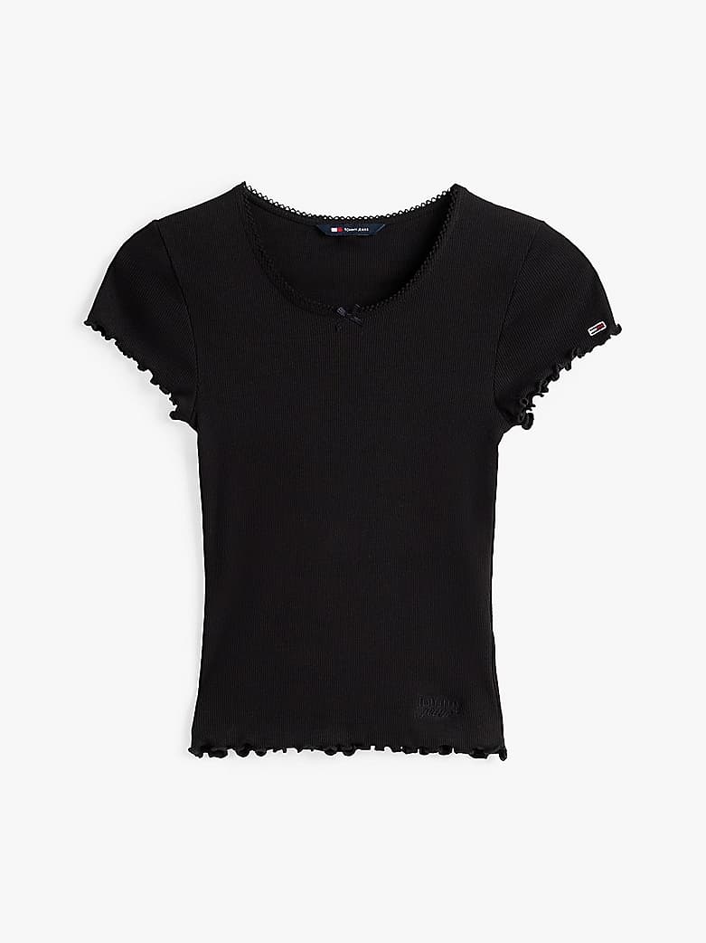 T-shirt ajusté côtelé à manches à volants