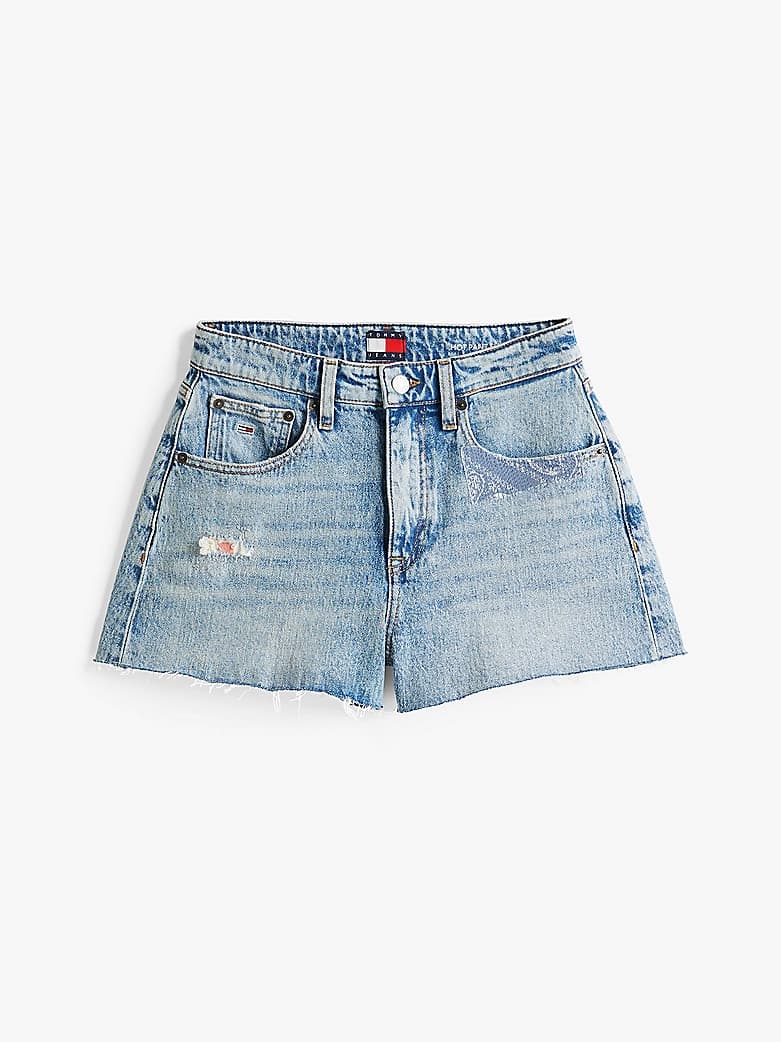 Short slim en denim à motif patchwork