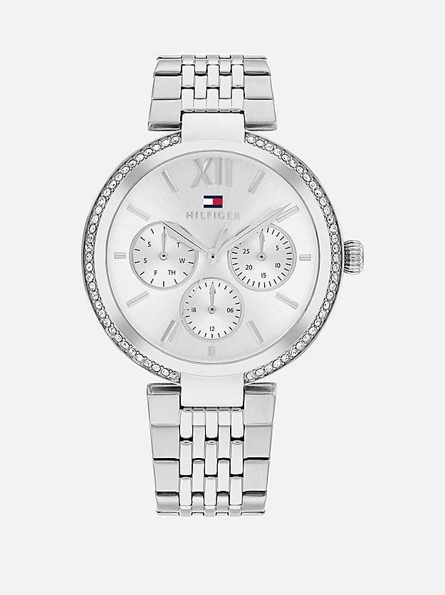 Montre en acier inoxydable à lunette sertie de cristal