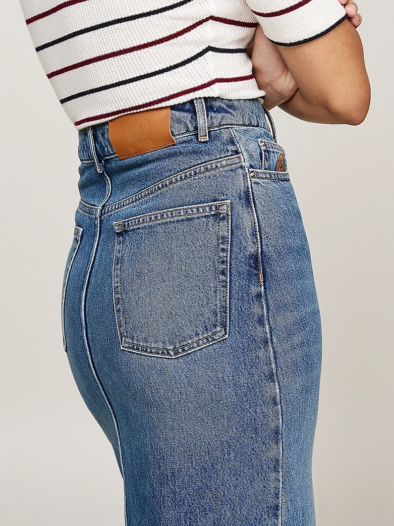 Jupe midi en denim plissée à blason