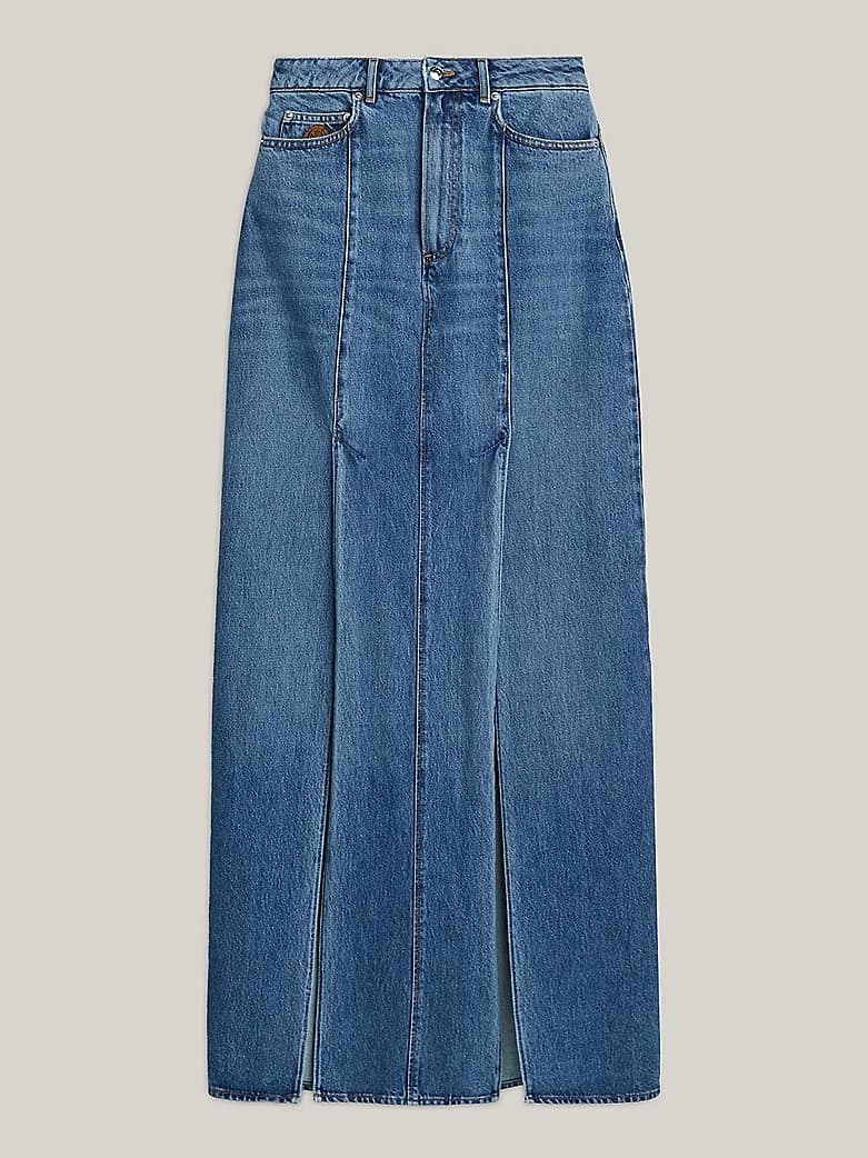 Jupe midi en denim plissée à blason