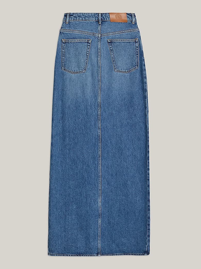 Jupe midi en denim plissée à blason