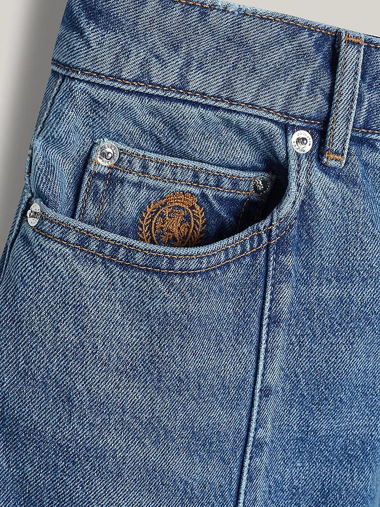 Jupe midi en denim plissée à blason