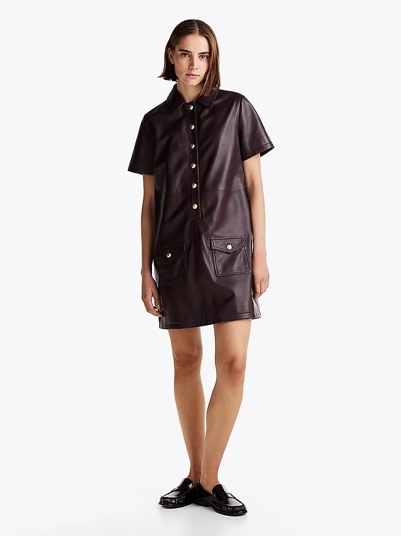 Robe courte en cuir à manches courtes