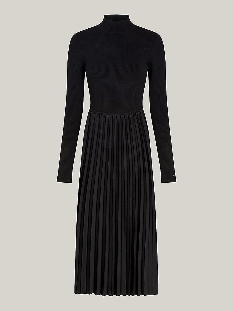 Robe longueur midi plissée à col cheminée