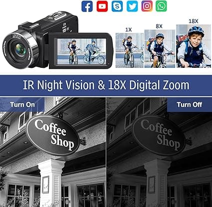 Caméscope 4K Caméra Vidéo 48MP Vision Nocturne Infrarouge, Zoom