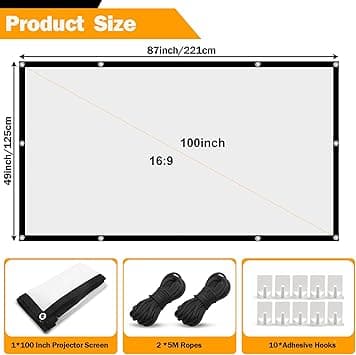 Écran de projection sur toile 100 pouces, 16:9 HD, lavable/pliab
